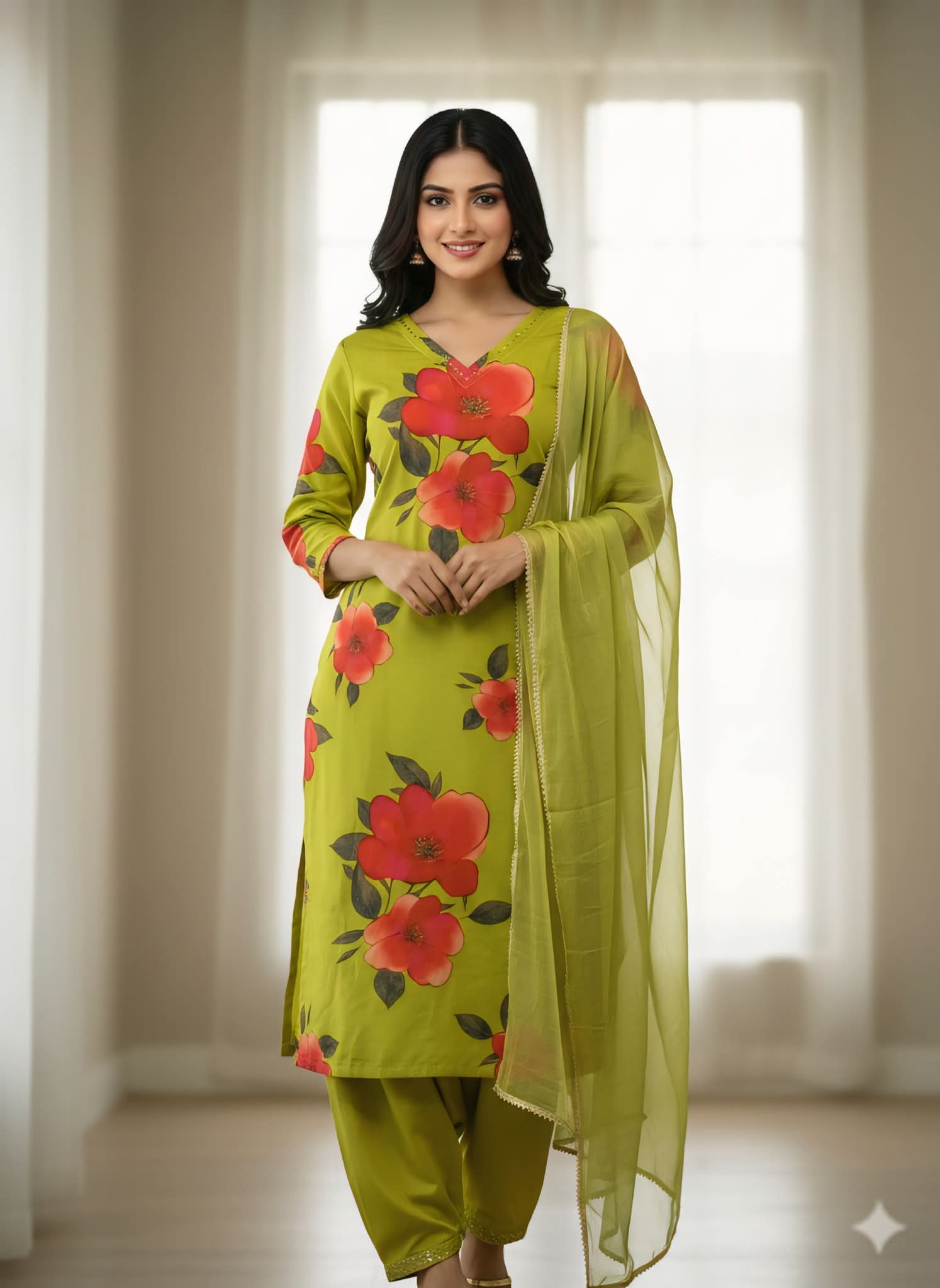 Indian Westless Georgette Salwar Suit | White Digital Print + Lace & Stone Work | Butter Silk Salwar | Size S-XXL | Length 43"