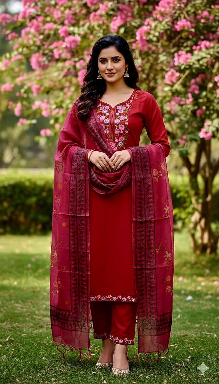 প্রিমিয়াম রেডিমেইড লিনেন থ্রি-পিস - এমব্রয়ডারি ও সিকুয়েন্স ওয়ার্ক সেট