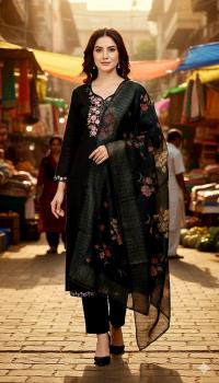 প্রিমিয়াম রেডিমেইড লিনেন থ্রি-পিস - এমব্রয়ডারি ও সিকুয়েন্স ওয়ার্ক সেট