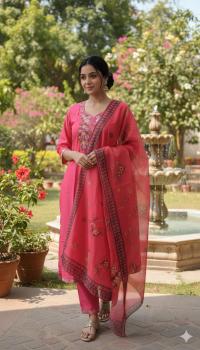 প্রিমিয়াম রেডিমেইড লিনেন থ্রি-পিস - এমব্রয়ডারি ও সিকুয়েন্স ওয়ার্ক সেট