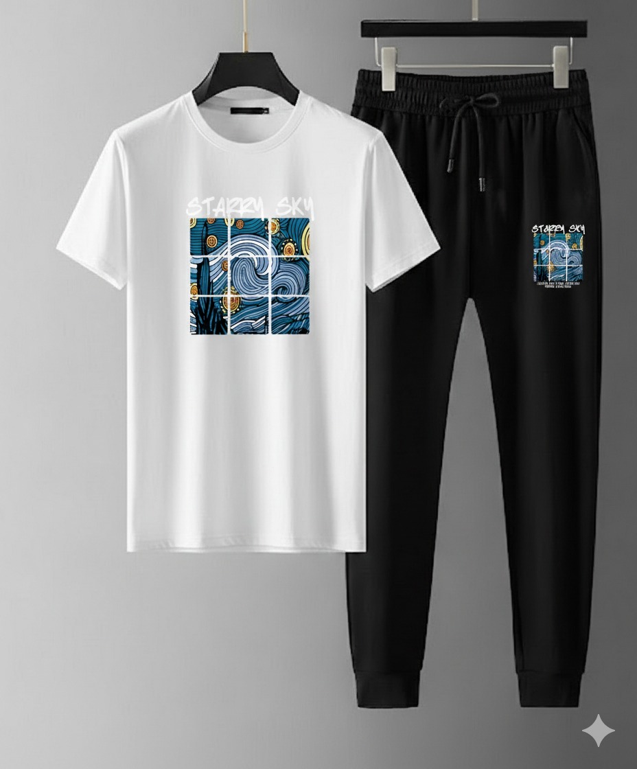 Mesh T-Shirt & Trouser Combo – Abstract City Graphic (White)