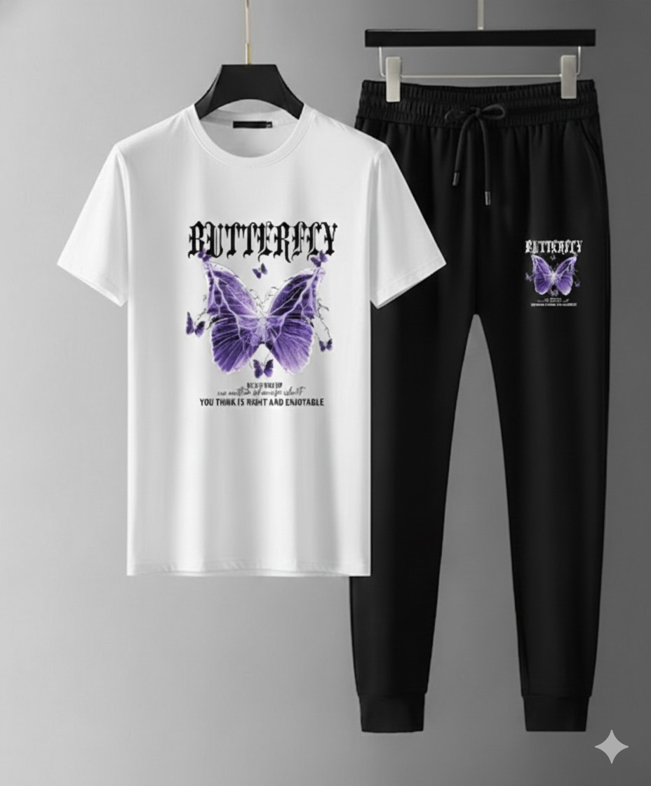 Mesh T-Shirt & Trouser Combo – Premium Butterfly Graphic (White)