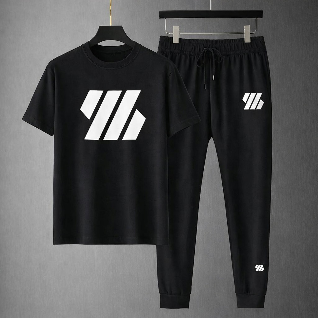 Mesh T-Shirt & Trouser Combo – Minimal Stripe Graphic (Black)