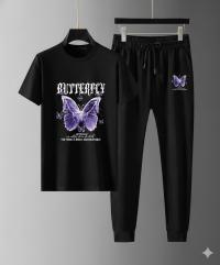 Mesh T-Shirt & Trouser Combo – Butterfly Graphic (Black)
