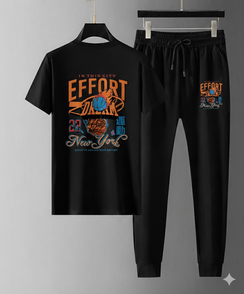 Mesh T-Shirt & Trouser Combo – Effort Motivational Graphic (Black)