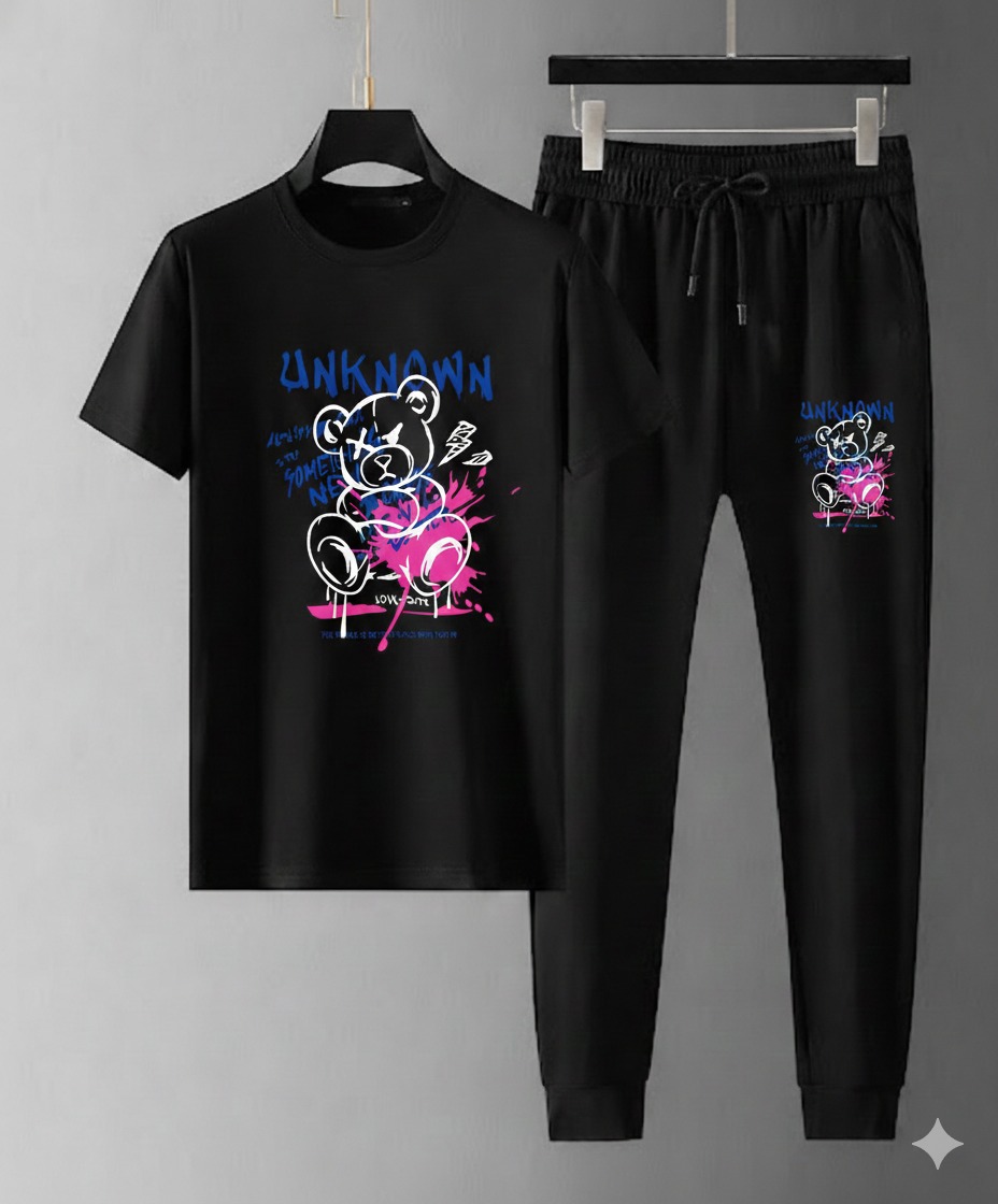 Mesh T-Shirt & Trouser Combo – Neon Skull Street Graphic (Black)