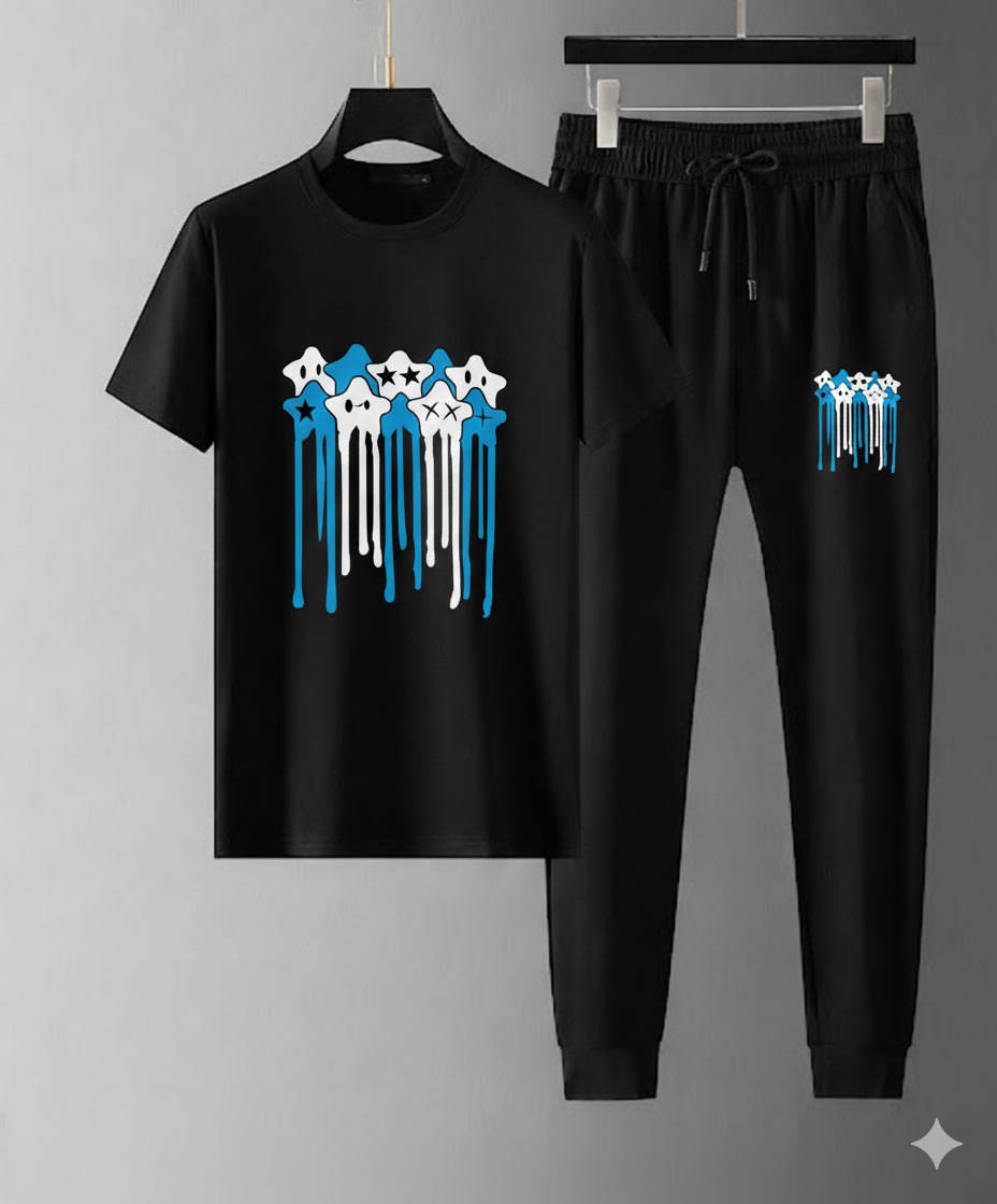 Mesh T-Shirt & Trouser Combo – Geometric Line Graphic (Black)