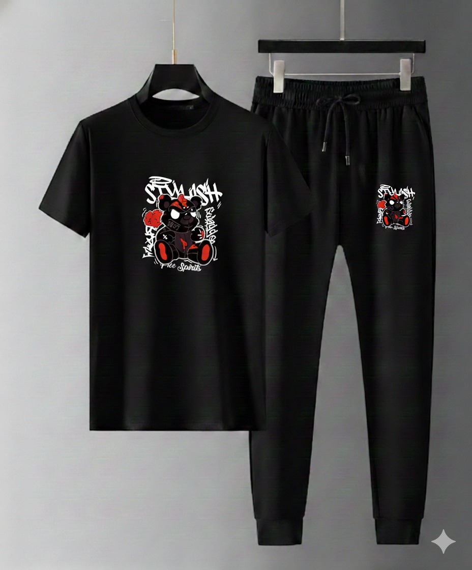 Mesh T-Shirt & Trouser Combo – Cartoon Street Graphic (Black)