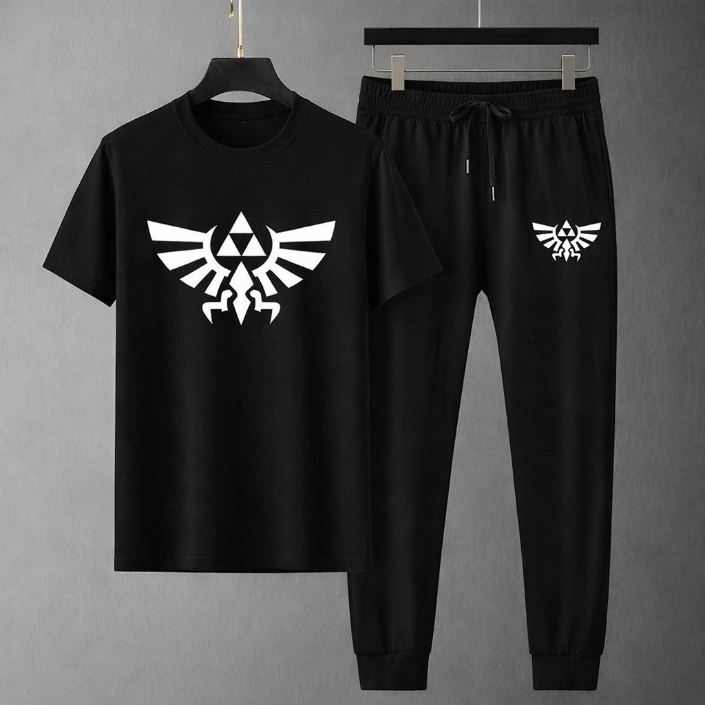 Mesh T-Shirt & Trouser Combo – Black Geometric Graphic