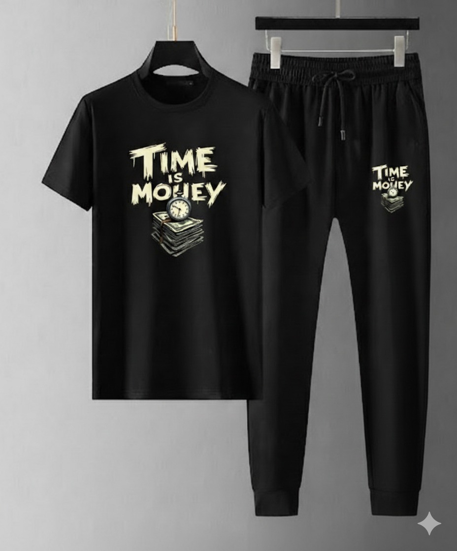 Mesh T-Shirt & Trouser Combo – Time Is Money Graphic (Black)