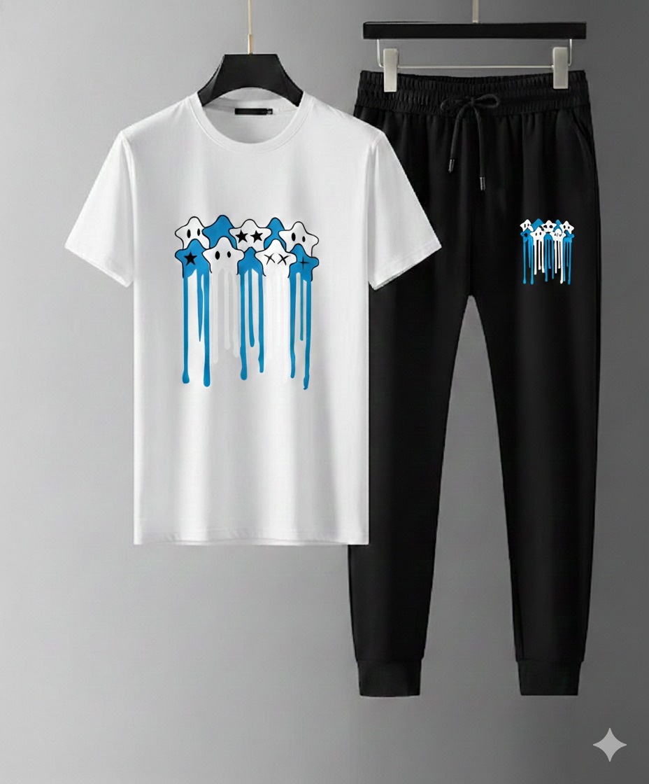 Trendy Mesh T-Shirt & Trouser Combo – Abstract Drip Graphic