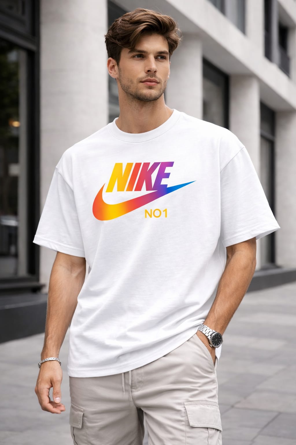 White Premium Drop Shoulder T-Shirt | Color Swoosh Design | Unisex