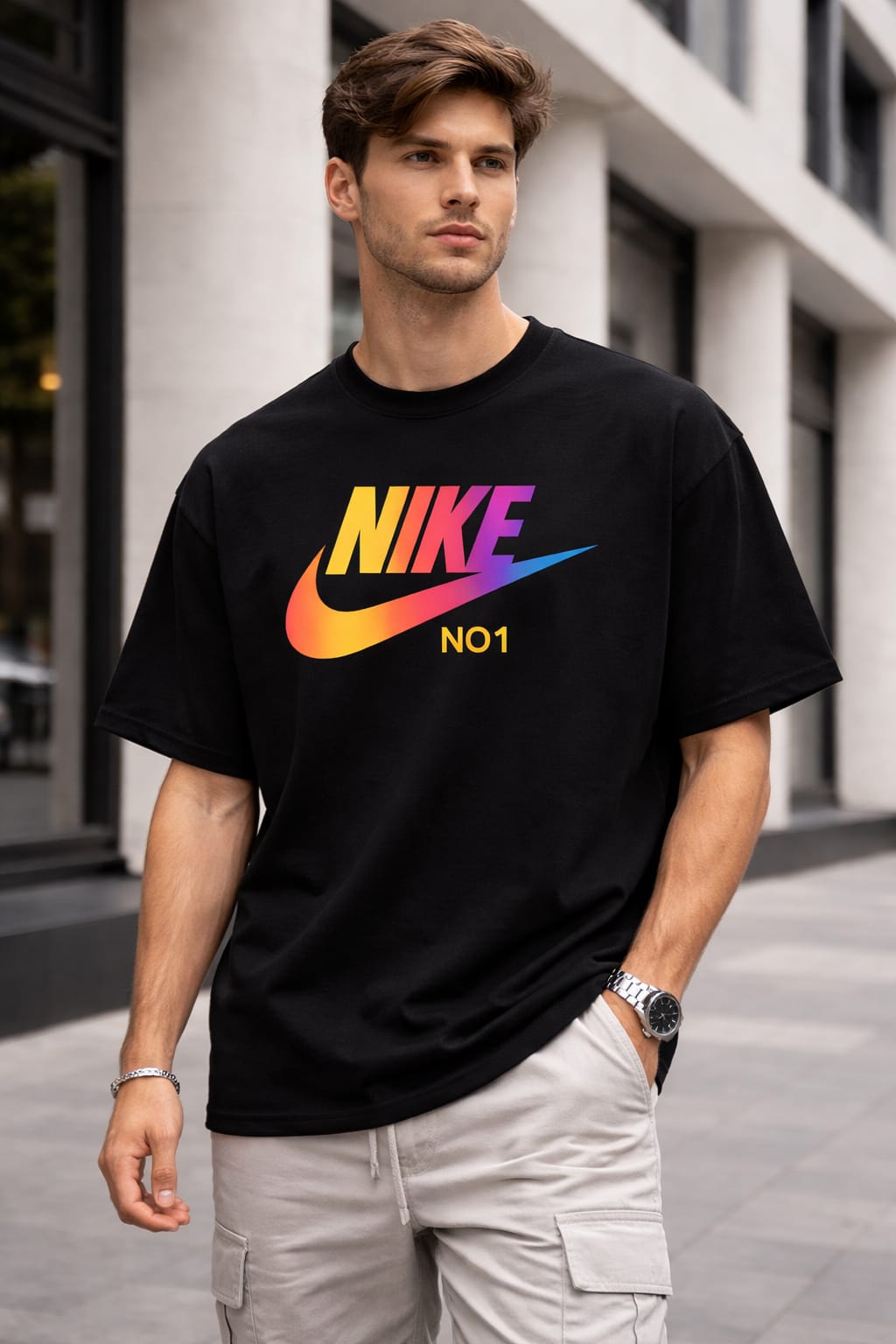 Premium Drop Shoulder T-Shirt – Color Swoosh Sport Print (Black)