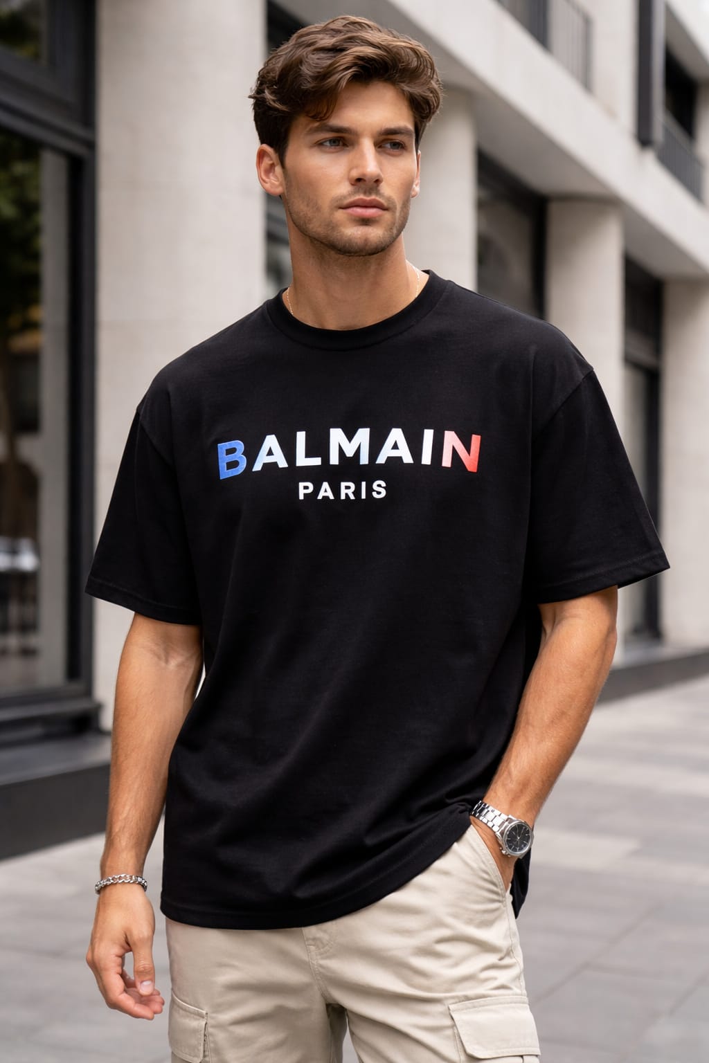 Premium Drop Shoulder T-Shirt – Paris Text Print (Black)