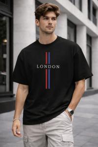 Black Premium Drop Shoulder Cotton T-Shirt with London Stripe Print – Unisex