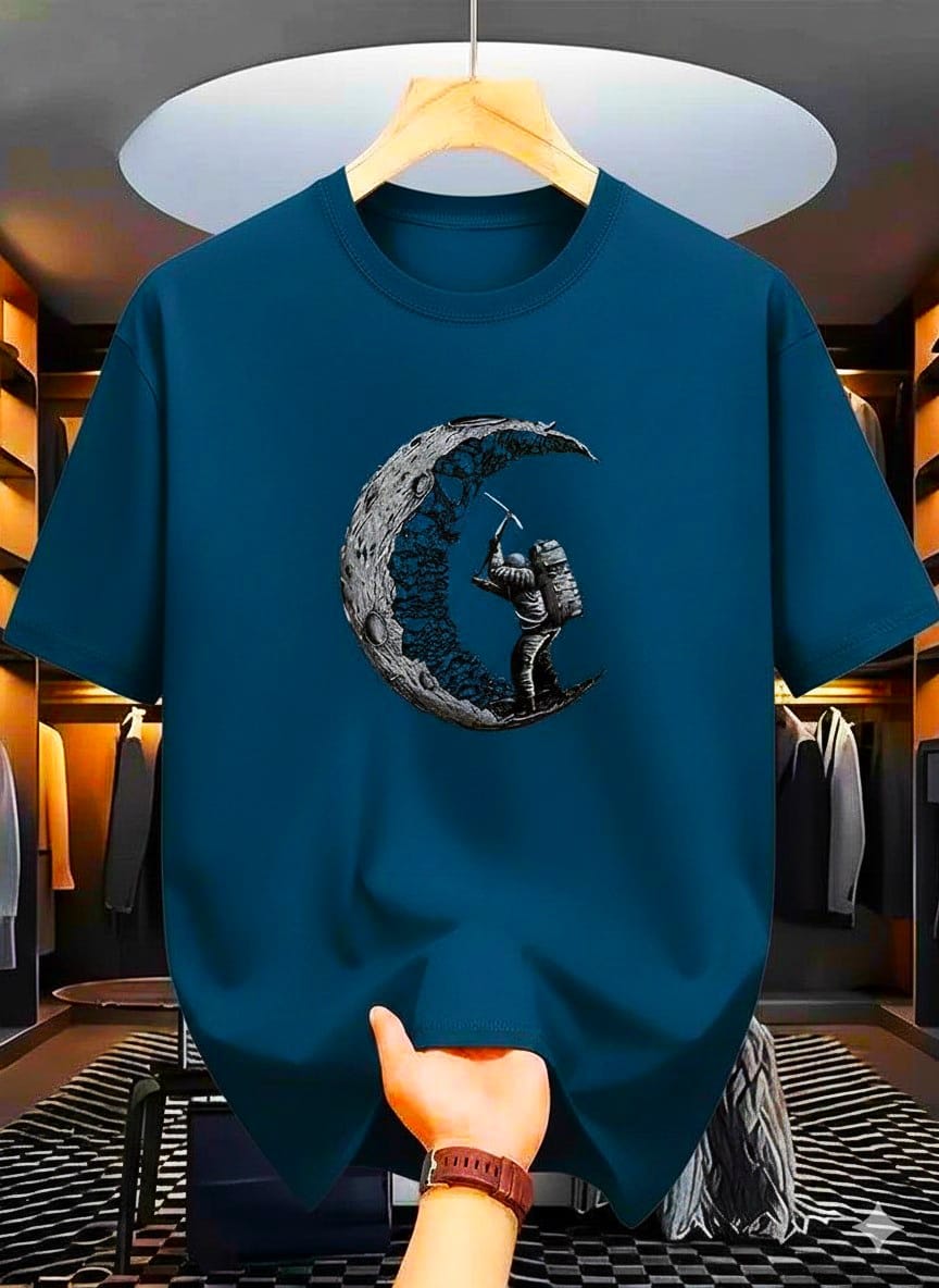 Men’s Graphic T-Shirt – Astronaut Moon Design-Teal Blue