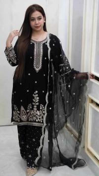 Premium Readymade Slub Cotton Three-Piece Set with Organza Embroidery Orna