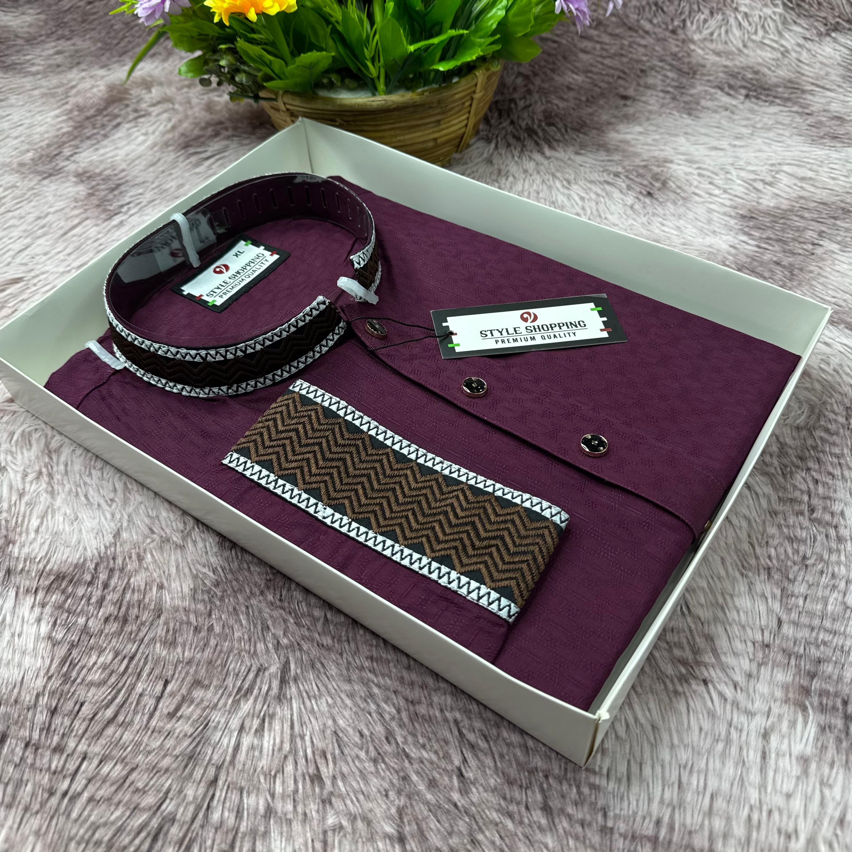 Premium Embroidery Cotton Panjabi – Elegant Maroon Edition