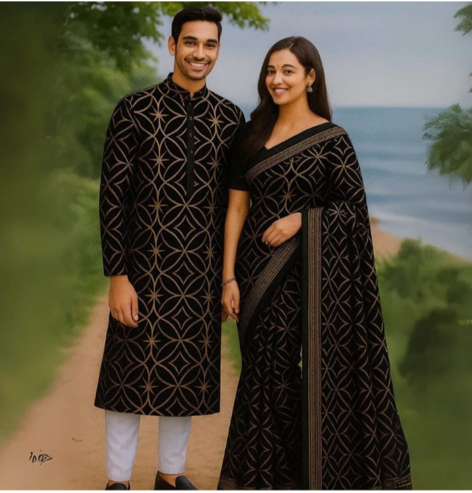 Eid Special Exclusive Couple Combo - Silk Saree & China Micro Stretch Panjabi