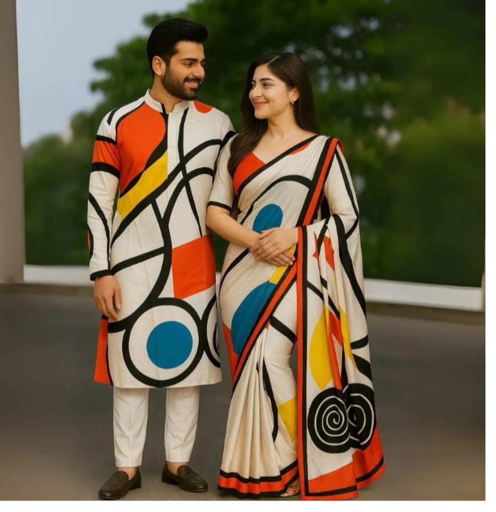 Eid Special Exclusive Couple Combo - Silk Saree & China Micro Stretch Panjabi