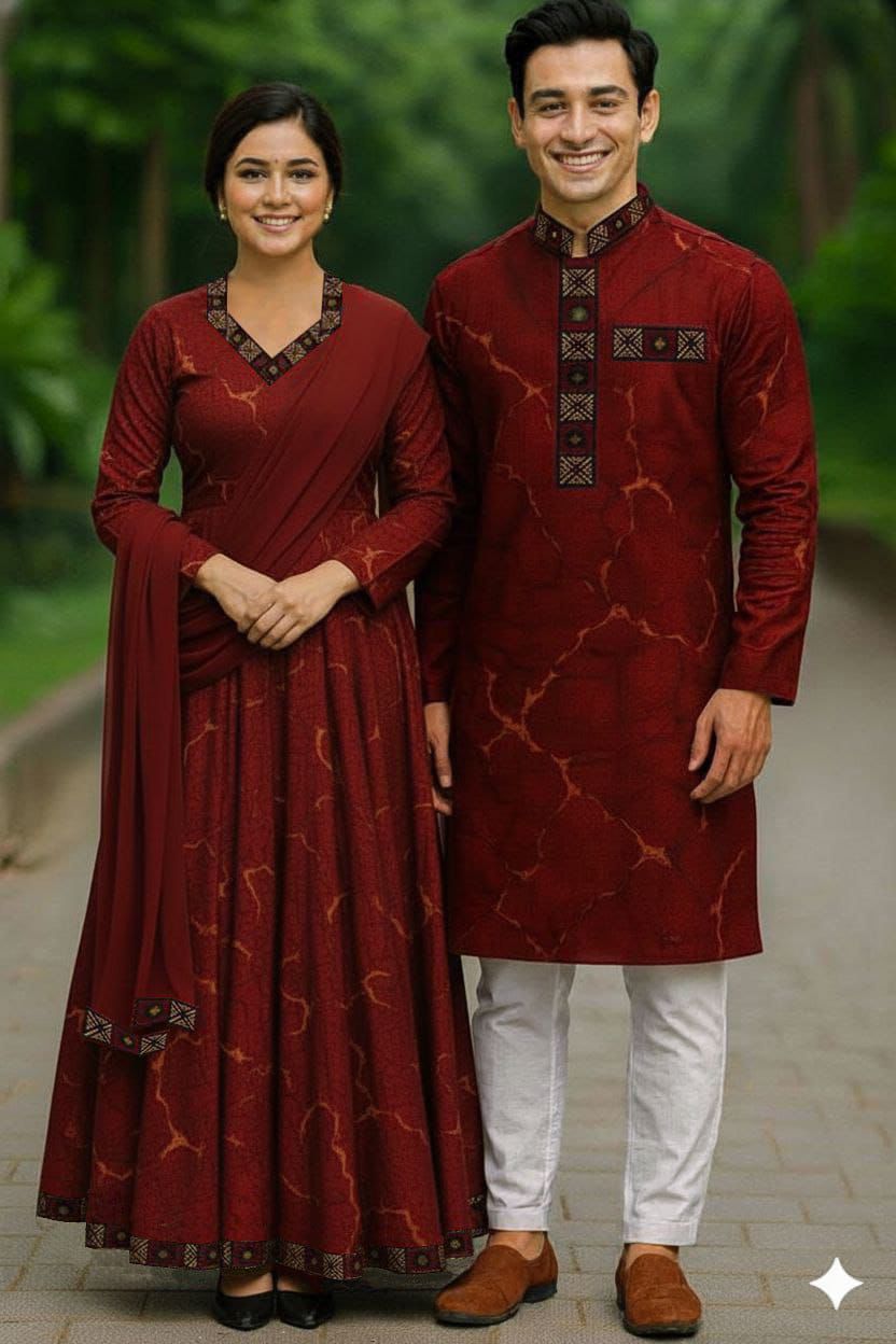 Eid Special Exclusive Couple Combo - China Micro Stretch Panjabi & Digital Print Gown Set