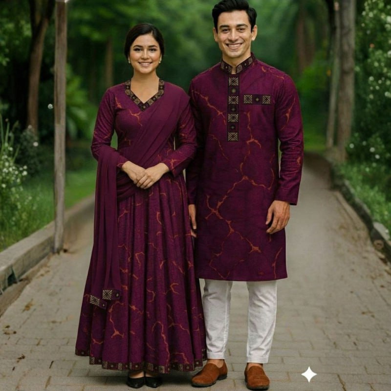 Eid Special Exclusive Couple Combo - China Micro Stretch Panjabi & Digital Print Gown Set