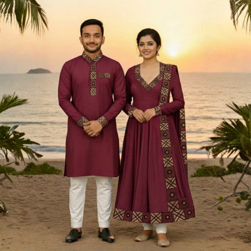 Eid Special Exclusive Couple Combo - China Micro Stretch Panjabi & Digital Print Gown Set