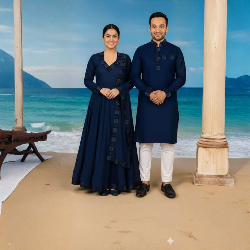 Eid Special Exclusive Couple Combo - China Micro Stretch Panjabi & Digital Print Gown Set