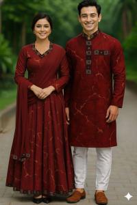 Eid Special Exclusive Couple Combo - China Micro Stretch Panjabi & Digital Print Gown Set