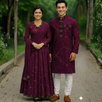 Eid Special Exclusive Couple Combo - China Micro Stretch Panjabi & Digital Print Gown Set