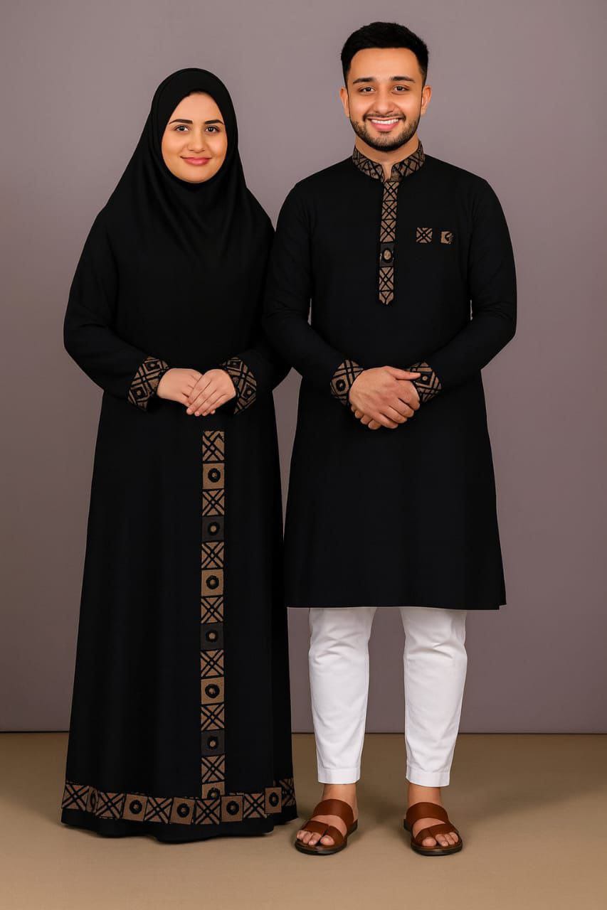 Eid Special Exclusive Couple Combo - China Micro Stretch Panjabi & Digital Print Borka Set