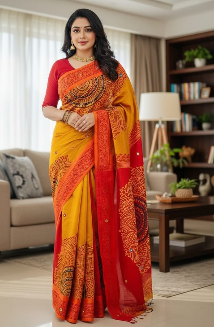 Premium Dhupiyan Silk Nakshi Tangail Sharee with Block Print & Embroidery