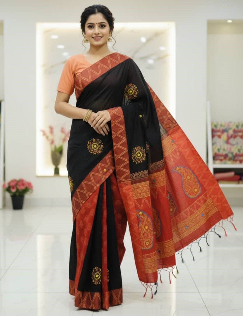 Premium Dhupiyan Silk Nakshi Tangail Sharee with Block Print & Embroidery