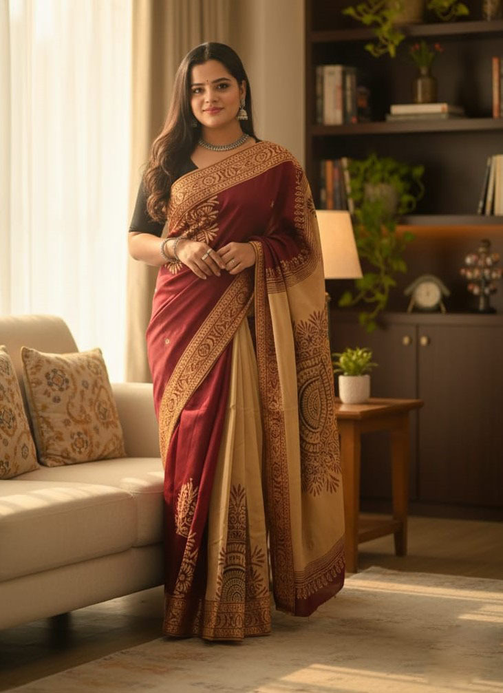 Premium Dhupiyan Silk Nakshi Tangail Sharee with Block Print & Embroidery