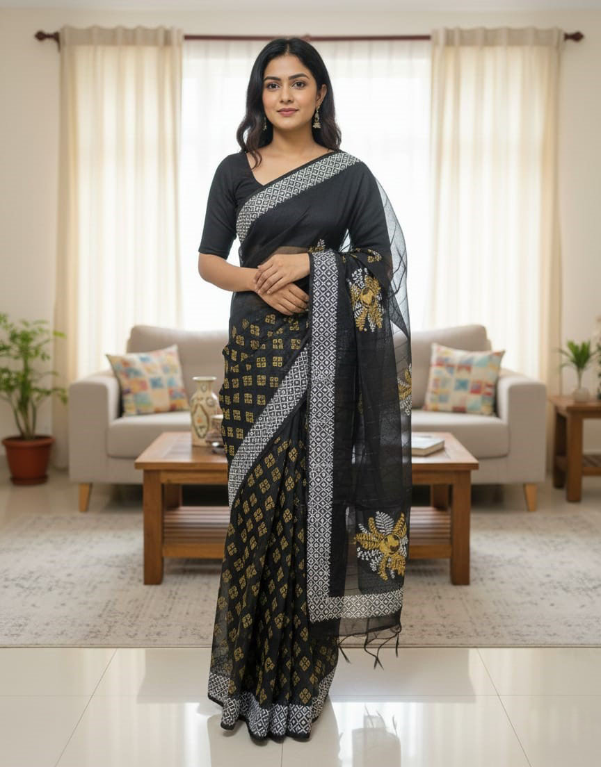 Half Silk Block Printed Saree for Elegant Look