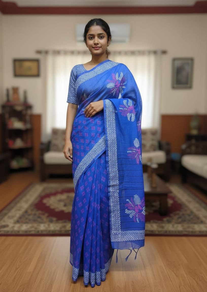 Half Silk Block Printed Saree for Elegant Look