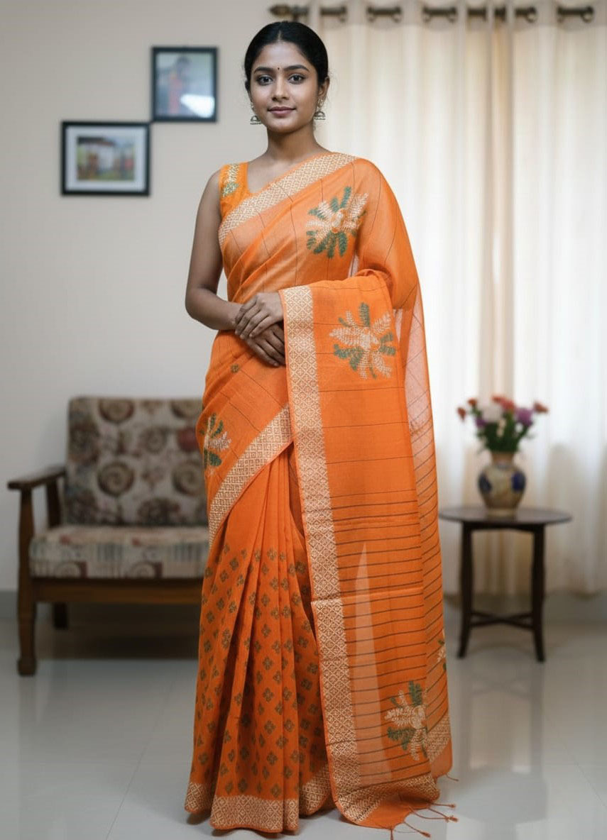 Half Silk Block Printed Saree for Elegant Look