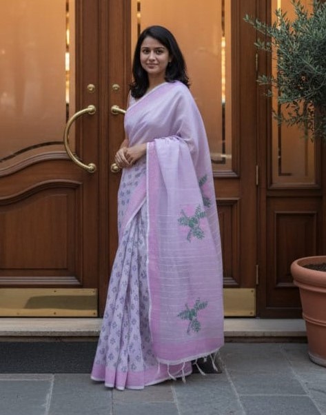 Half Silk Block Printed Saree for Elegant Look