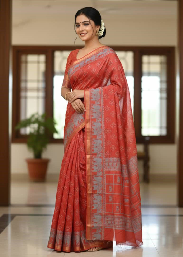 Exclusive Kaftan Silk Saree with Digital Print & Golden Zari Border