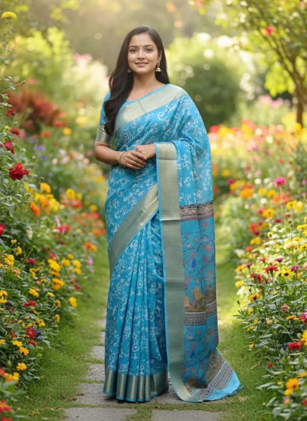 Exclusive Kaftan Silk Saree with Digital Print & Golden Zari Border