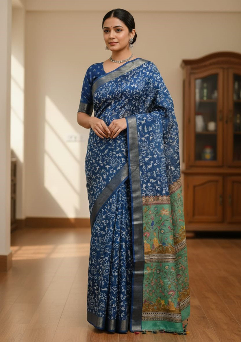 Exclusive Kaftan Silk Saree with Digital Print & Golden Zari Border