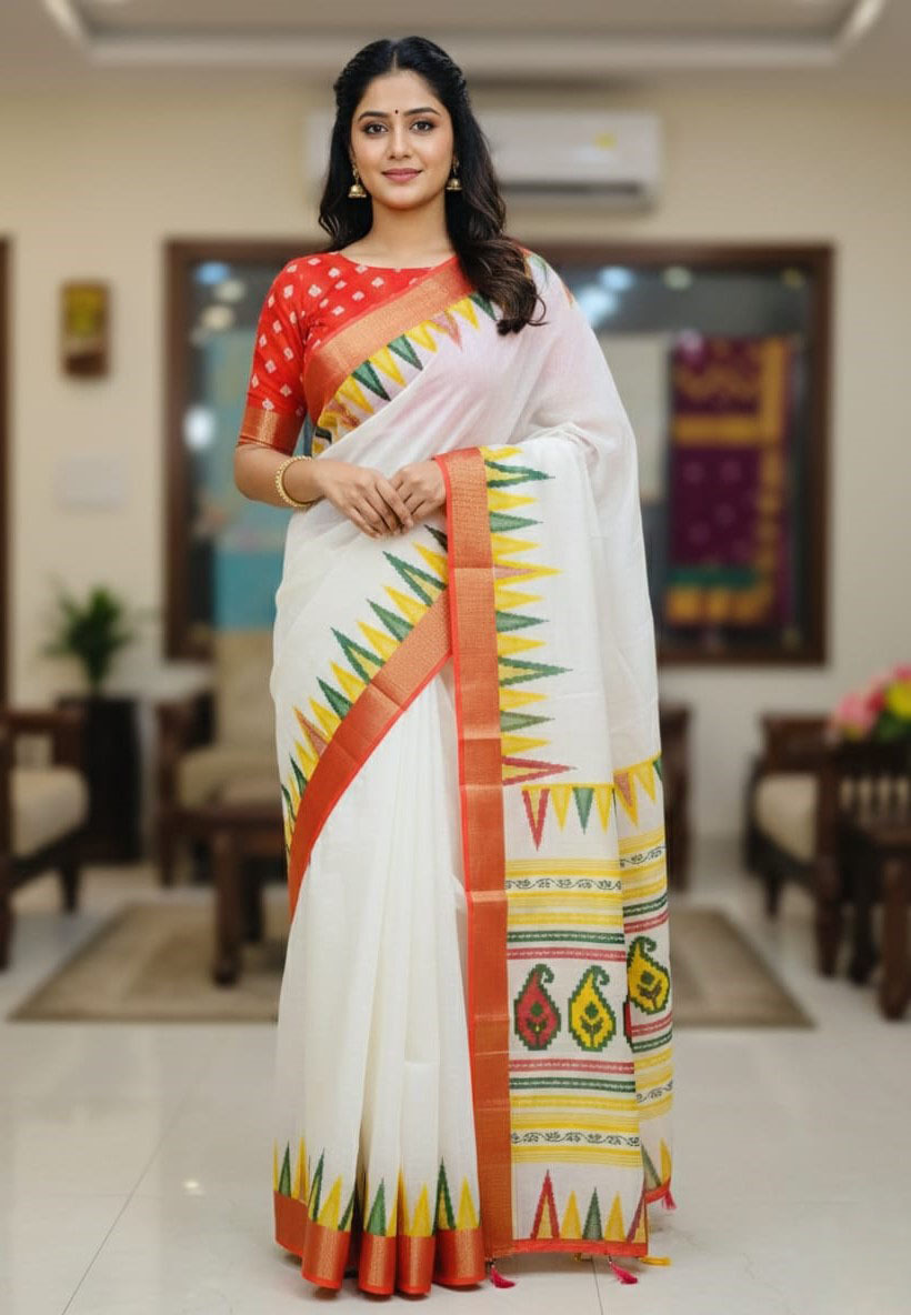 Exclusive Kaftan Silk Saree with Digital Print & Golden Zari Border