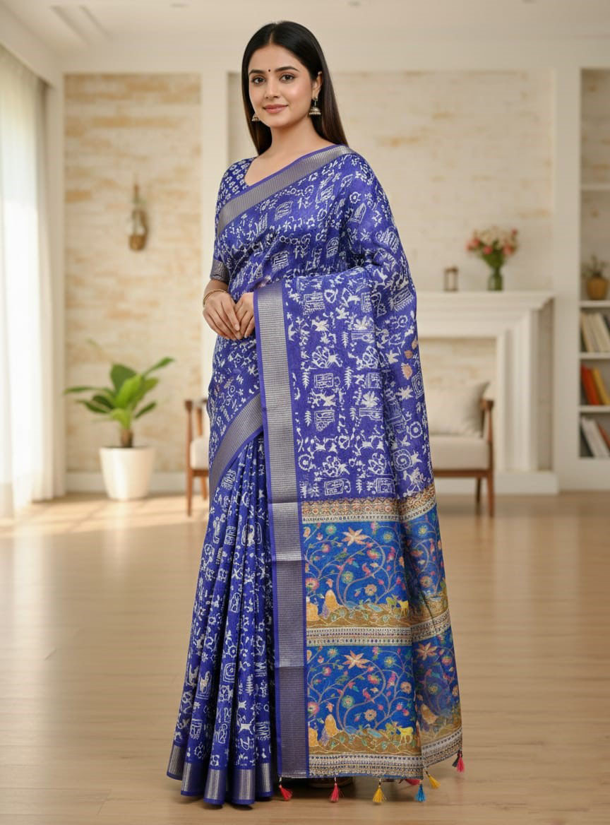 Exclusive Kaftan Silk Saree with Digital Print & Golden Zari Border