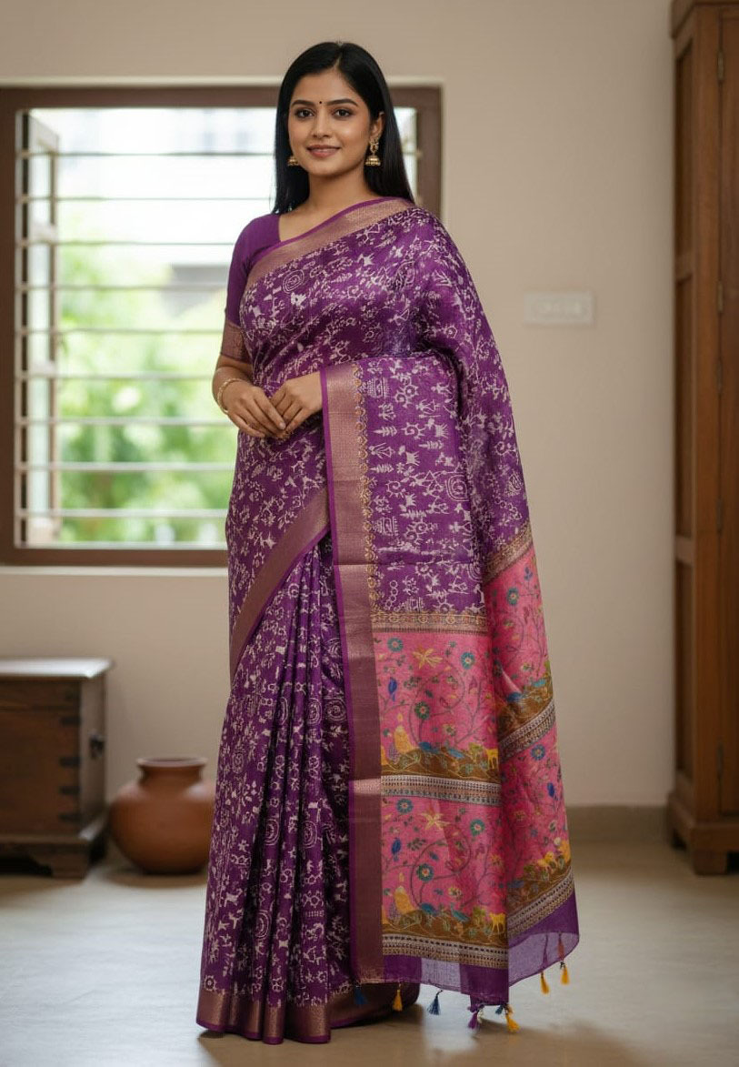 Exclusive Kaftan Silk Saree with Digital Print & Golden Zari Border