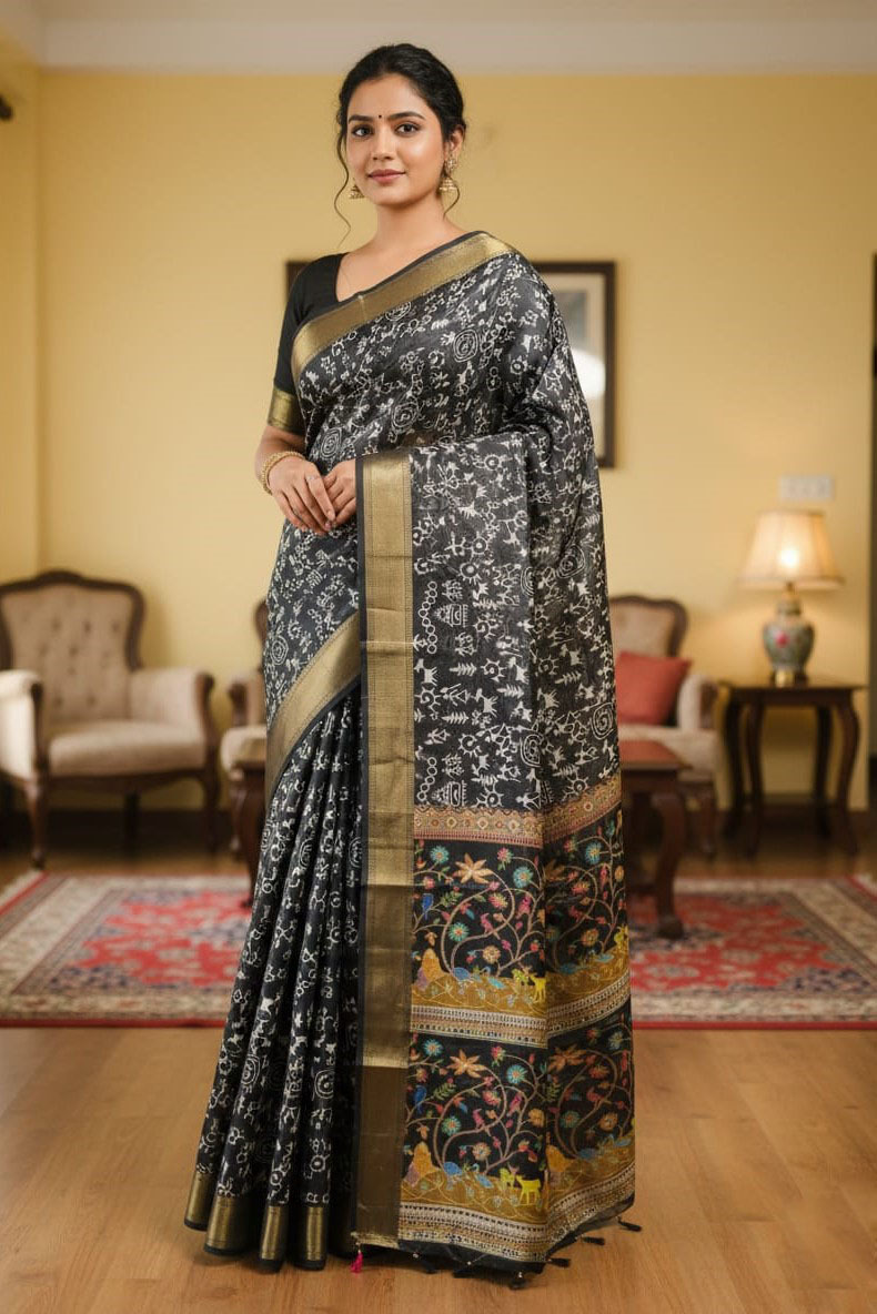 Exclusive Kaftan Silk Saree with Digital Print & Golden Zari Border