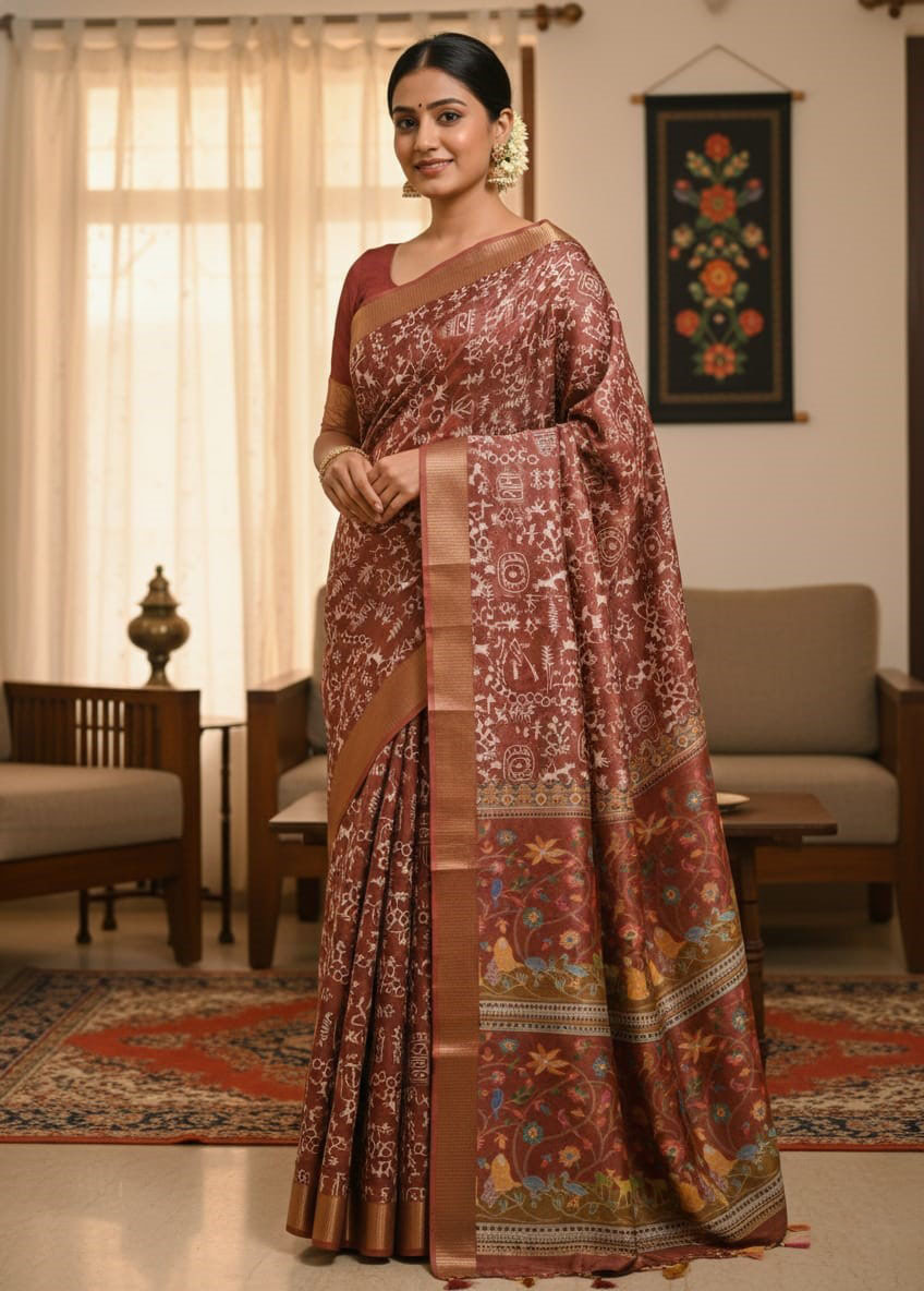 Exclusive Kaftan Silk Saree with Digital Print & Golden Zari Border