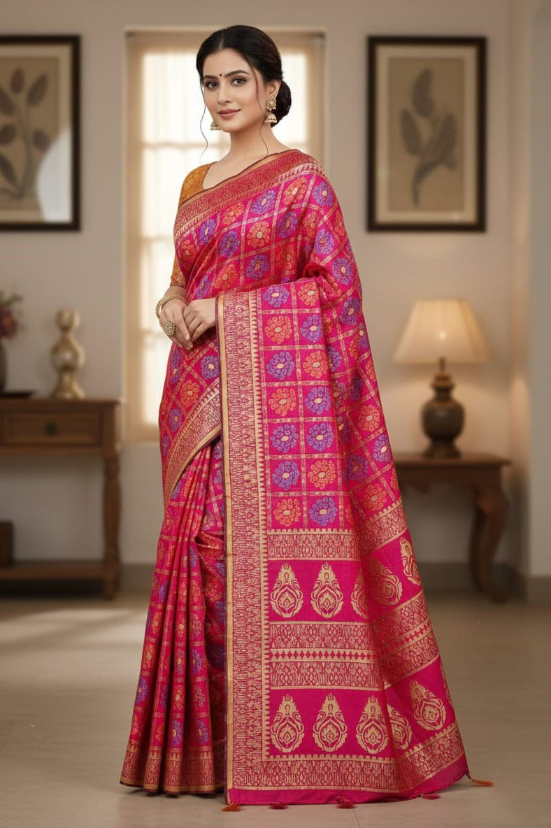 Exclusive Kaftan Silk Saree with Digital Print & Golden Zari Border