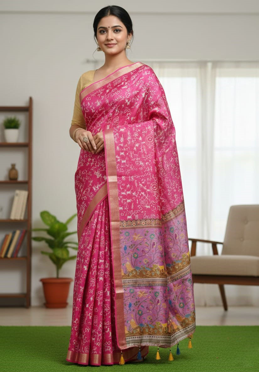 Exclusive Kaftan Silk Saree with Digital Print & Golden Zari Border