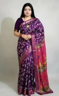 Exclusive Kaftan Silk Saree with Digital Print & Golden Zari Border