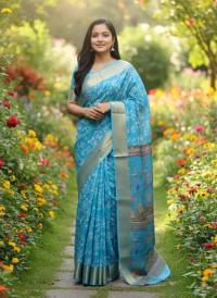 Exclusive Kaftan Silk Saree with Digital Print & Golden Zari Border